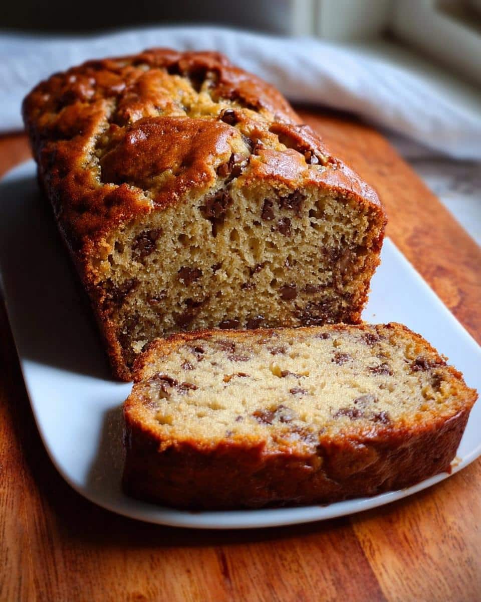 A loaf of Moist Cake Mix Banana Bread, partially sliced, showing a tender crumb and chocolate chips.
