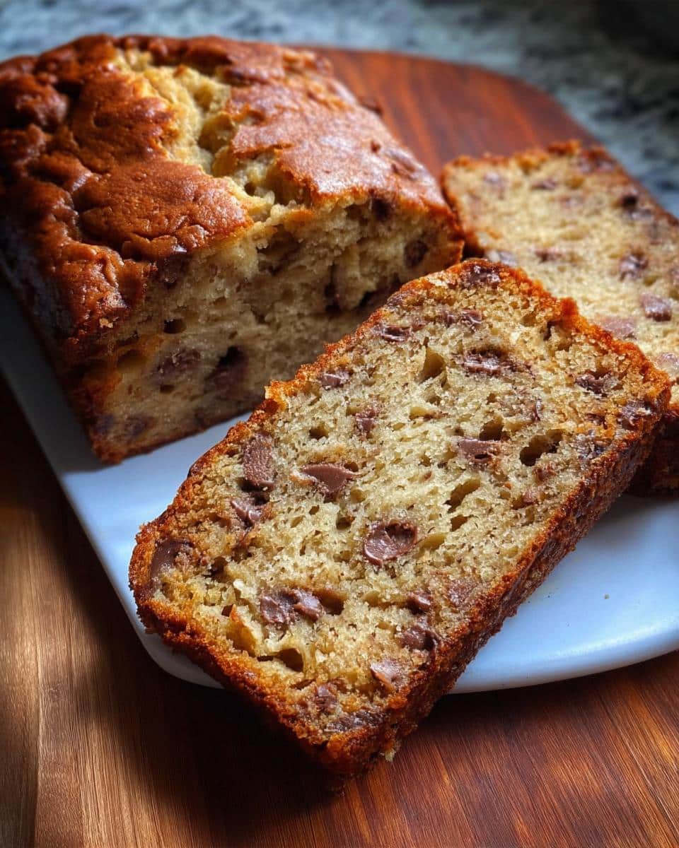 Close-up of a loaf and slices of Moist Cake Mix Banana Bread loaded with chocolate chips.