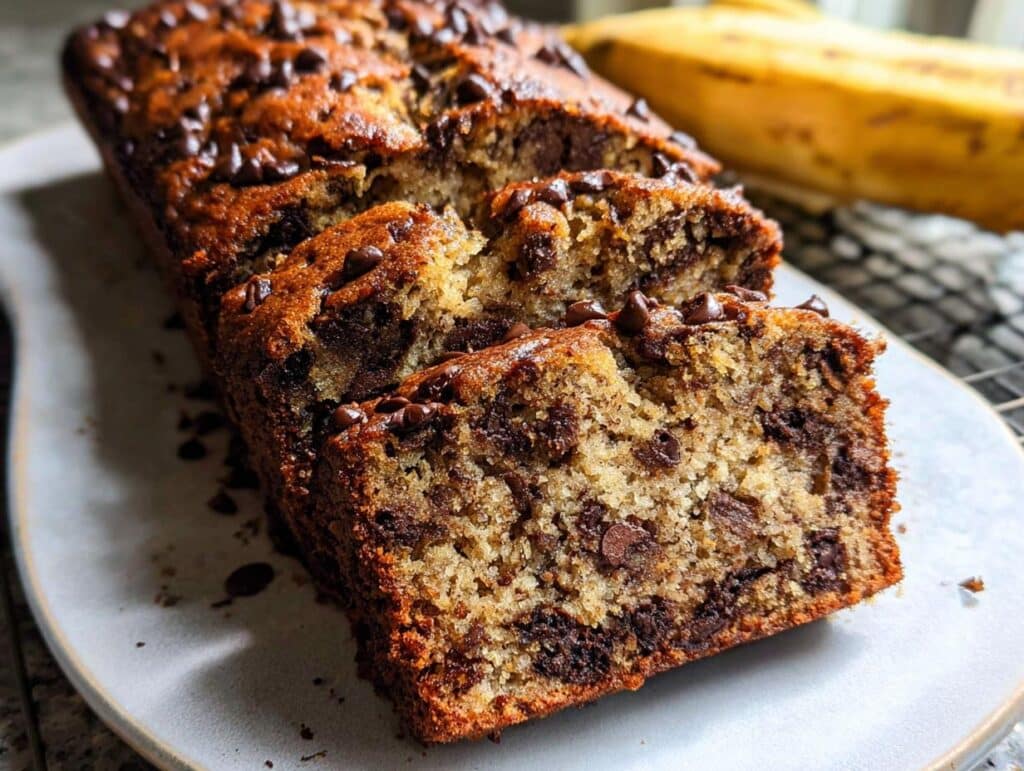 Close-up of three slices of Moist Chocolate Chip Banana Bread showing a dense, moist crumb packed with chocolate chips.