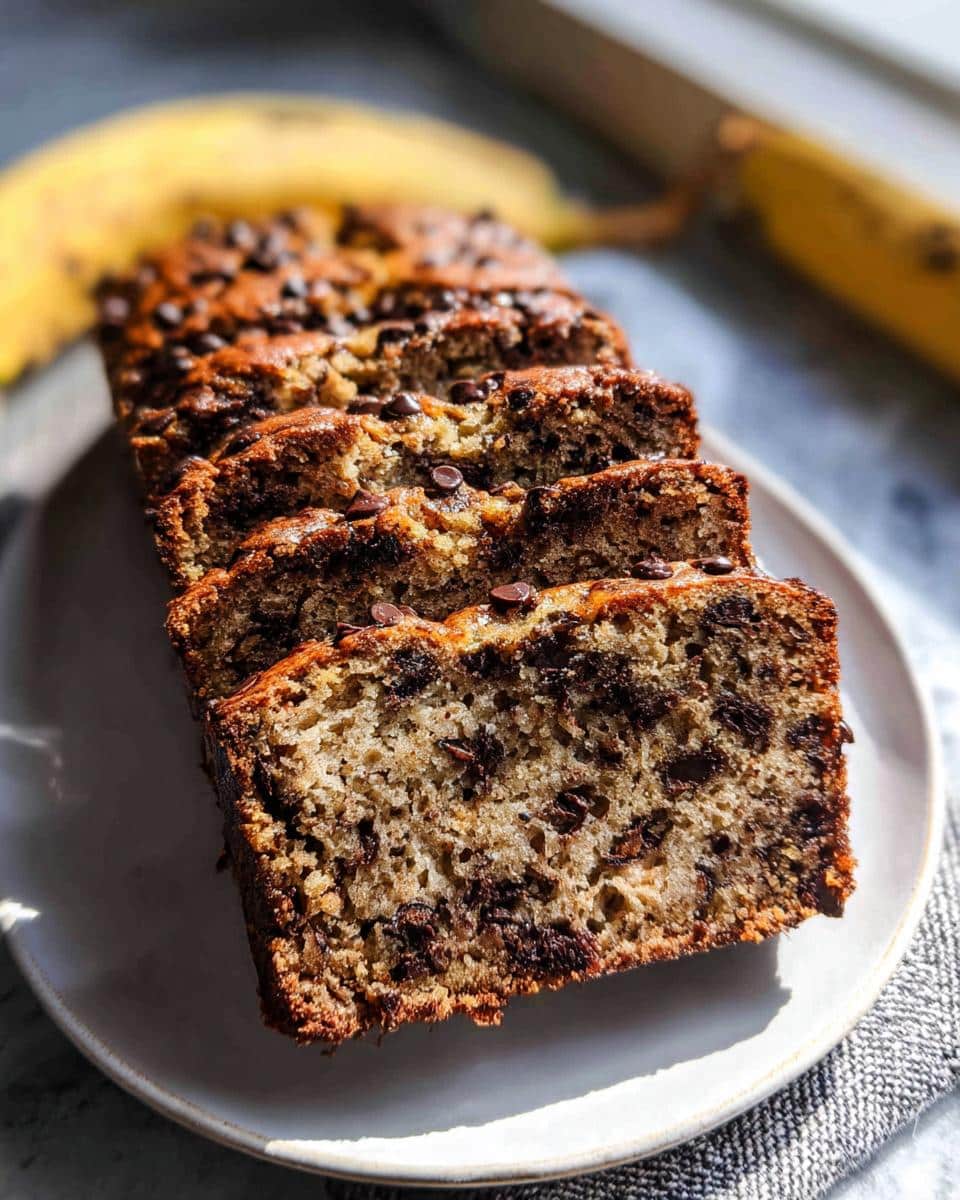 Close-up of several slices of Moist Chocolate Chip Banana Bread, studded with chocolate chips, sitting on a white plate.