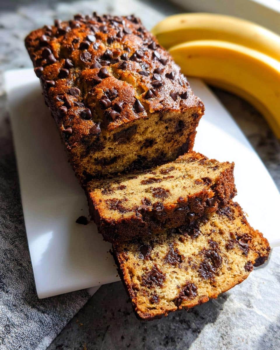 A loaf of Moist Chocolate Chip Banana Bread sliced, showing rich chocolate chips throughout the crumb, with fresh bananas in the background.