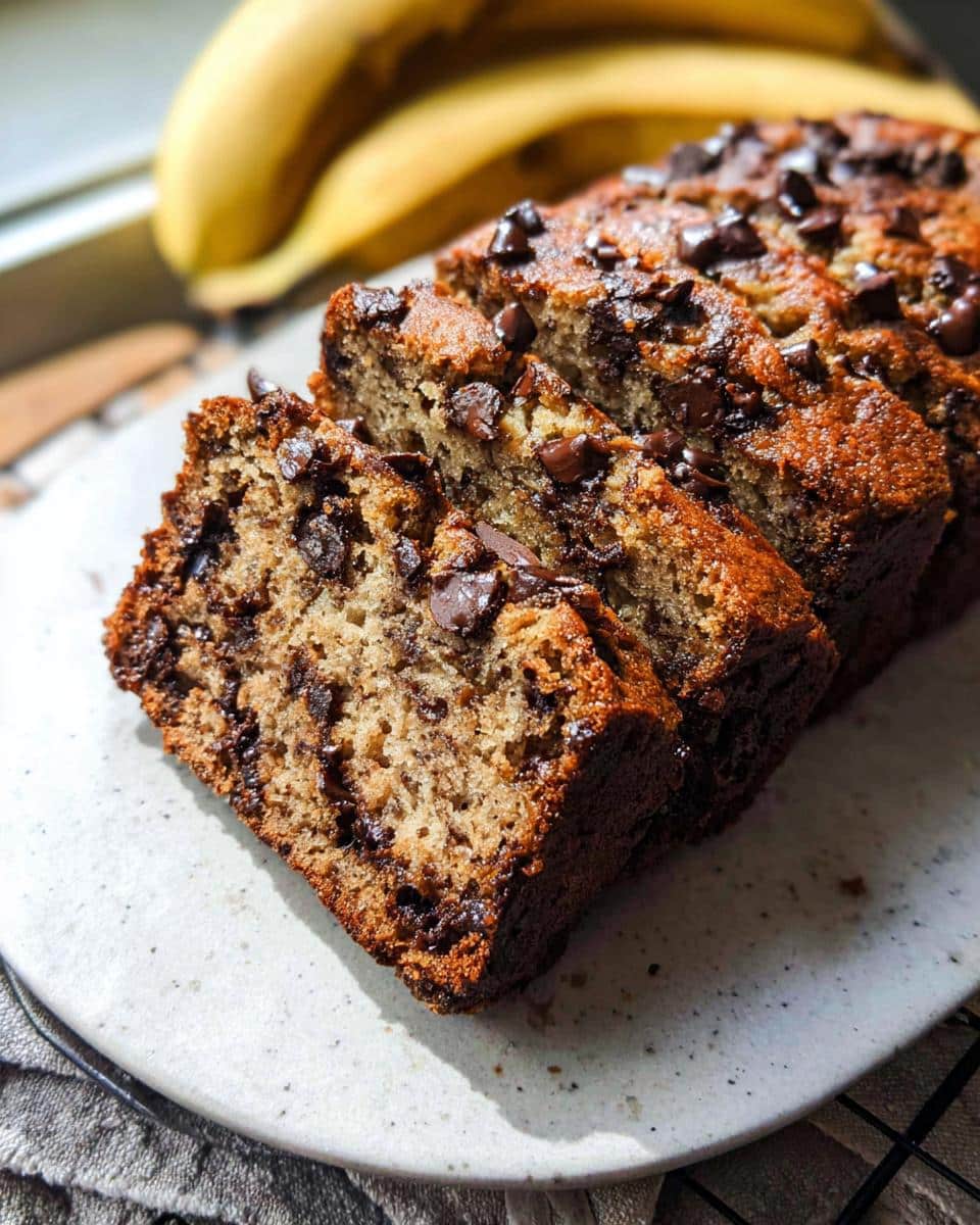 Close-up of sliced Moist Chocolate Chip Banana Bread loaded with melted chocolate chips on a speckled plate.