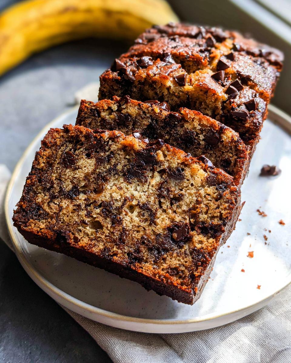 Close-up of three thick slices of Moist Chocolate Chip Banana Bread loaded with melted chocolate chips.