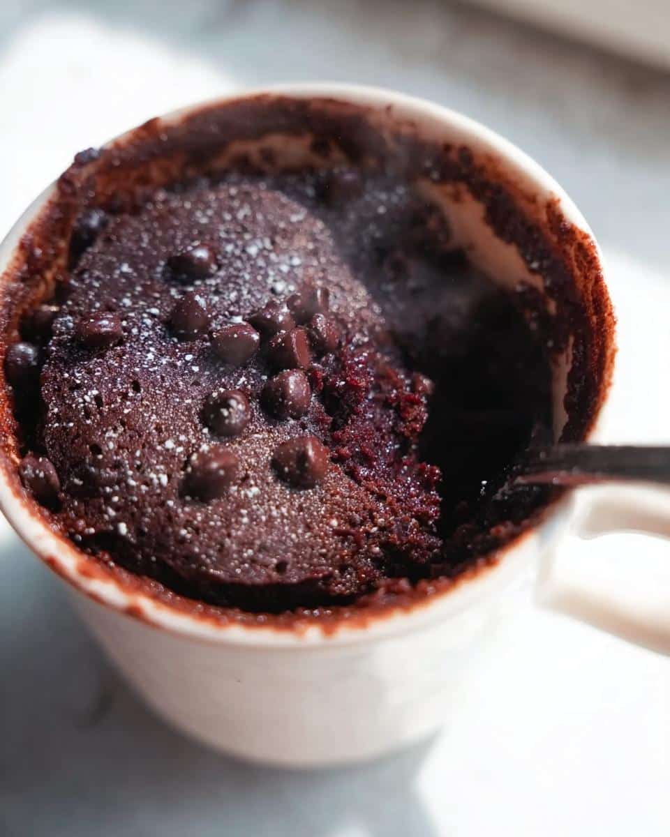 Close-up of a rich, dark Chocolate Mug Cake in a white mug, topped with chocolate chips and powdered sugar.