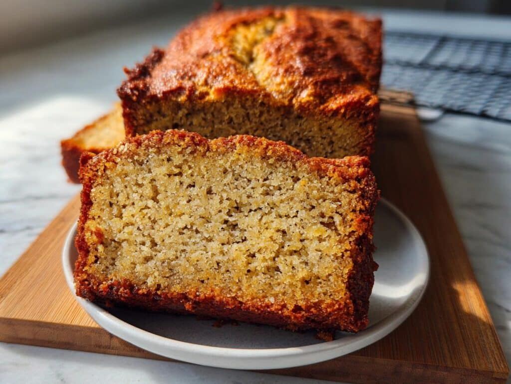 Close-up of a moist slice of Gluten Free Banana Bread (Almond Flour) on a small white plate, with the loaf behind it.