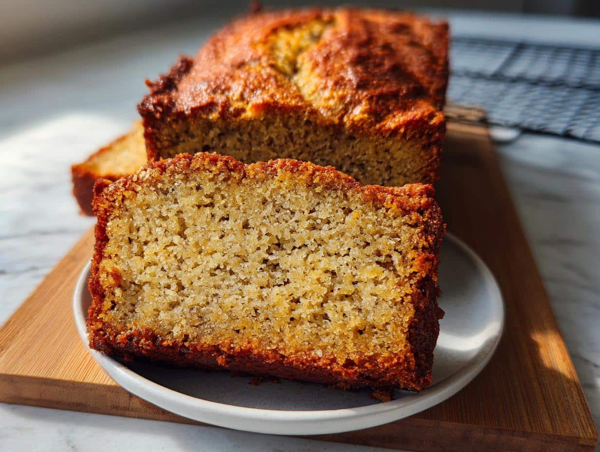 Close-up of a moist slice of Gluten Free Banana Bread (Almond Flour) on a small white plate, with the loaf behind it.