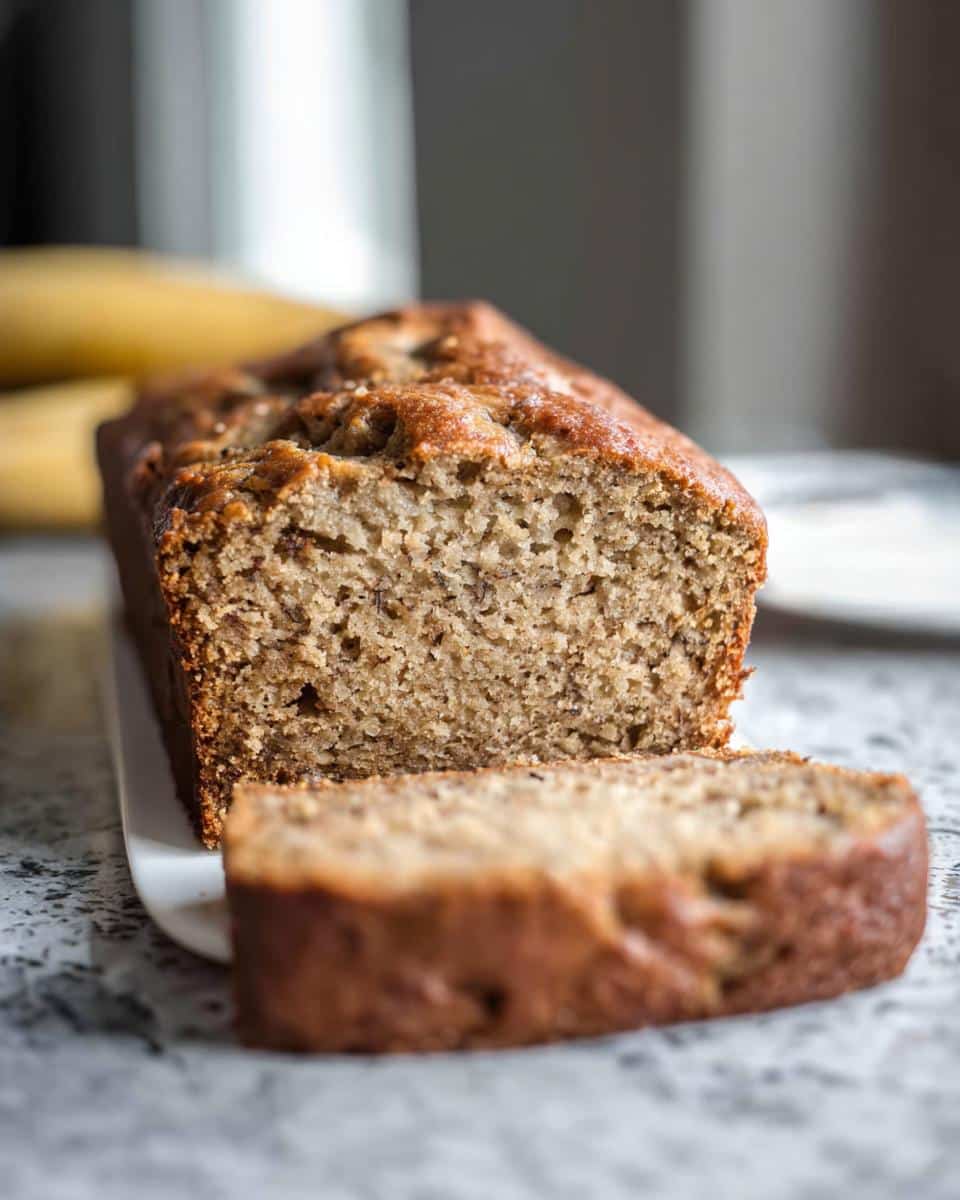 A close-up of a moist Low Sugar Banana Bread loaf, partially sliced on a white platter.