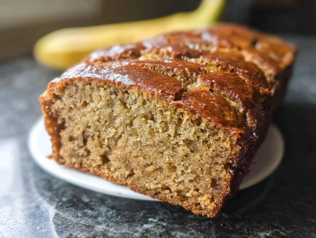 A close-up of a moist slice of Low Sugar Banana Bread showing its rich texture and golden-brown crust.