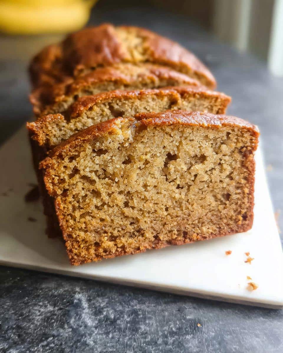 Close-up of moist slices of Low Sugar Banana Bread showing the tender crumb texture.