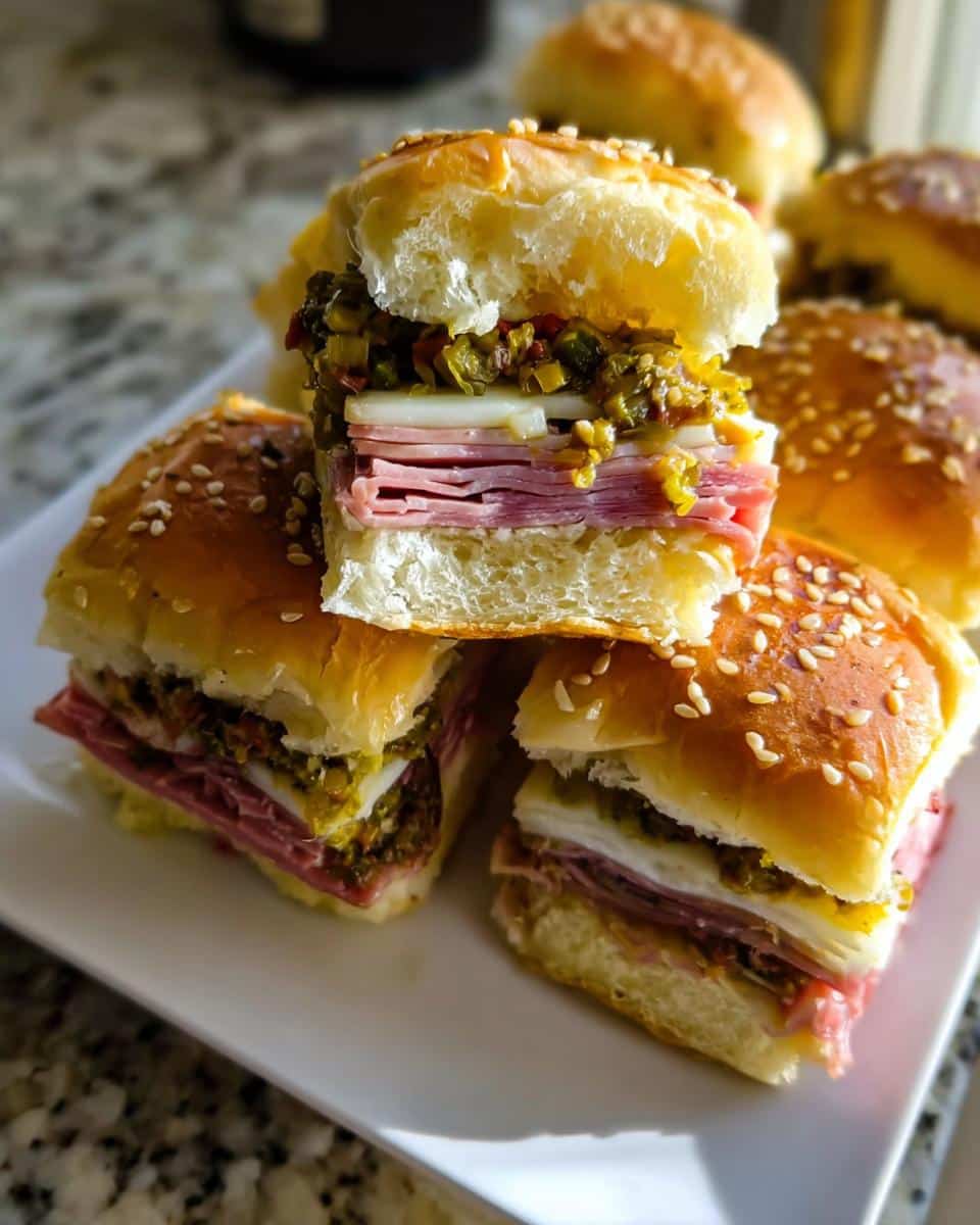 Close-up of stacked Muffuletta Sliders showing layers of ham, cheese, and olive salad on sesame seed buns.