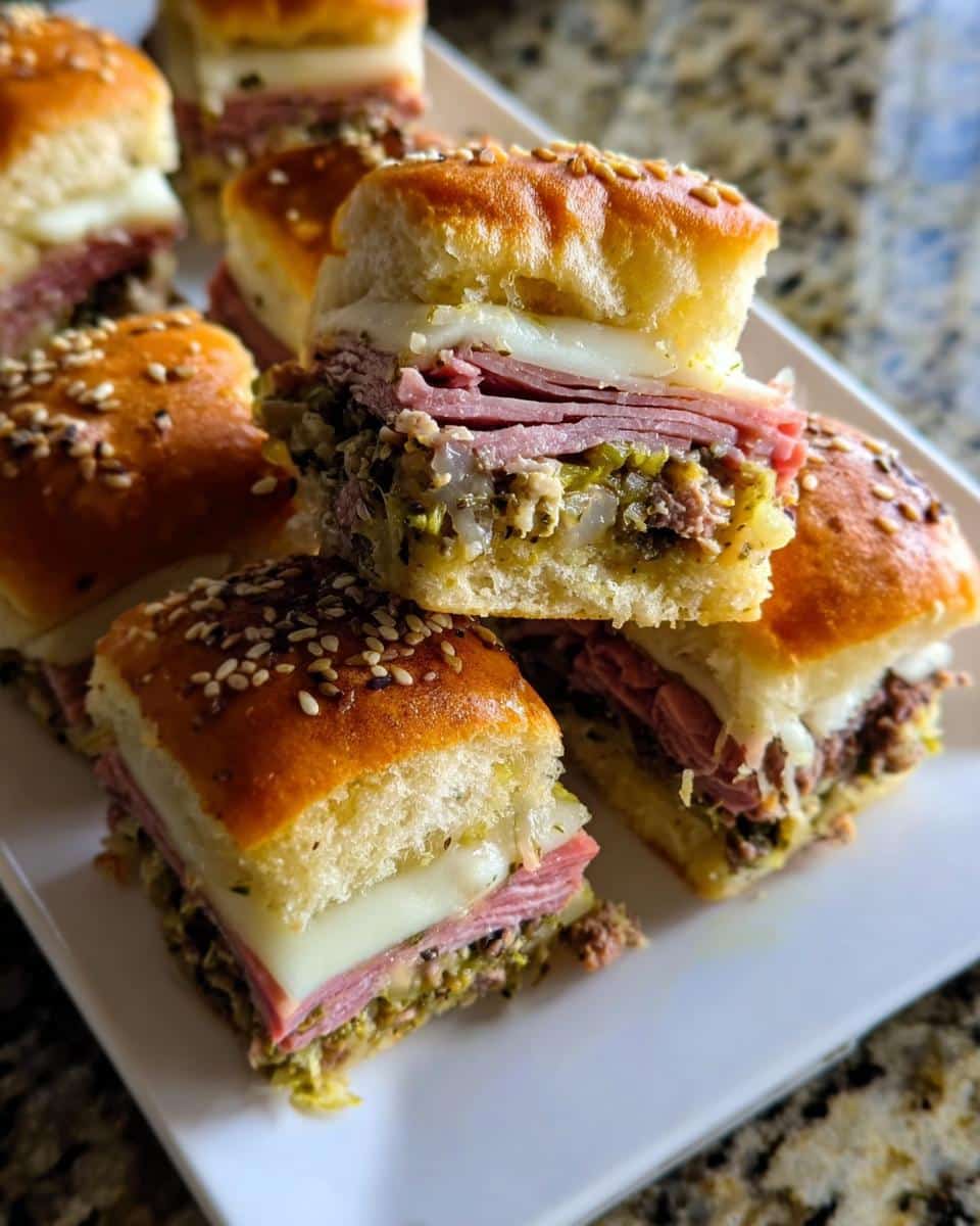 Close-up of several savory Muffuletta Sliders stacked on a white plate, showing layers of meat, cheese, and olive salad.