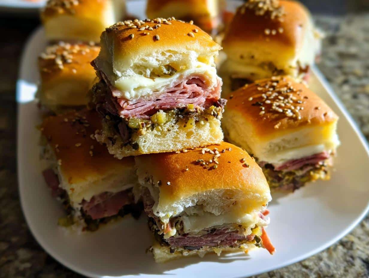 Close-up of several baked Muffuletta sliders stacked on a white plate, showing layers of meat, cheese, and olive salad.