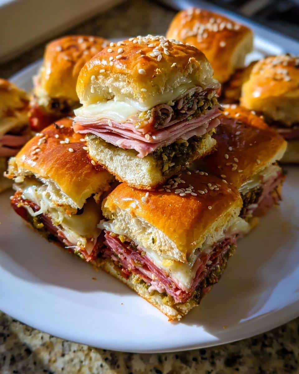A stack of warm Muffuletta Sliders featuring layers of meat, cheese, and olive salad on sesame seed buns.