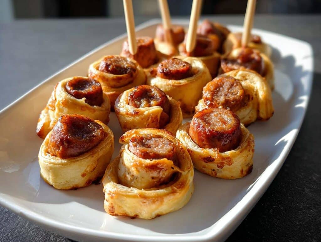 Close-up of golden baked New Orleans Style Sausage Bites wrapped in puff pastry served on a white platter.