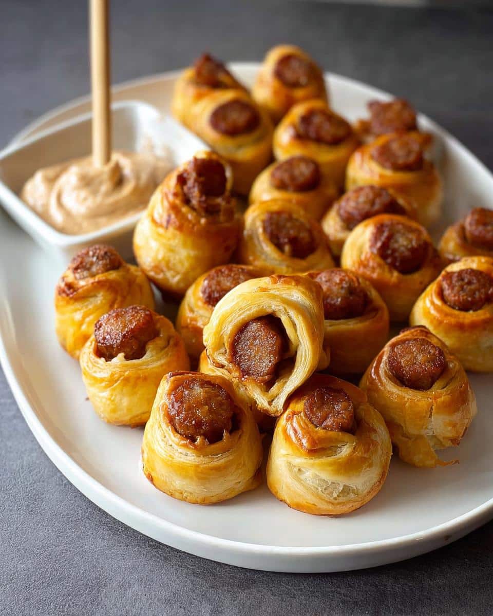 Golden baked New Orleans Style Sausage Bites wrapped in flaky pastry served on a white platter with dipping sauce.