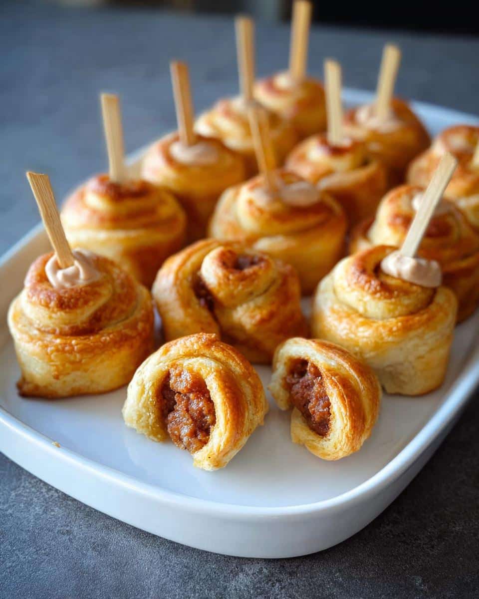 Golden baked New Orleans Style Sausage Bites served on a white platter, one is cut open showing the filling.