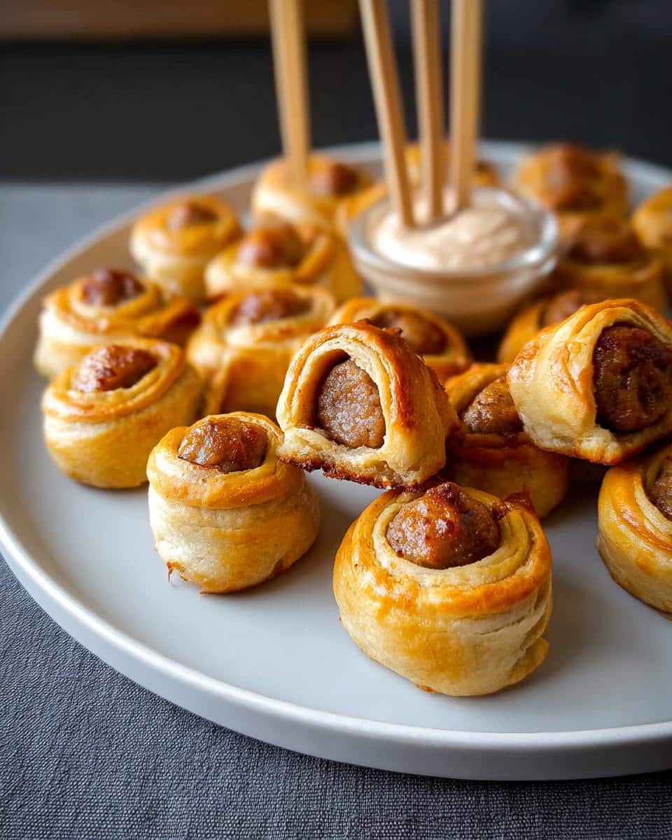 Close-up of baked New Orleans Style Sausage Bites wrapped in pastry, served with a dipping sauce.