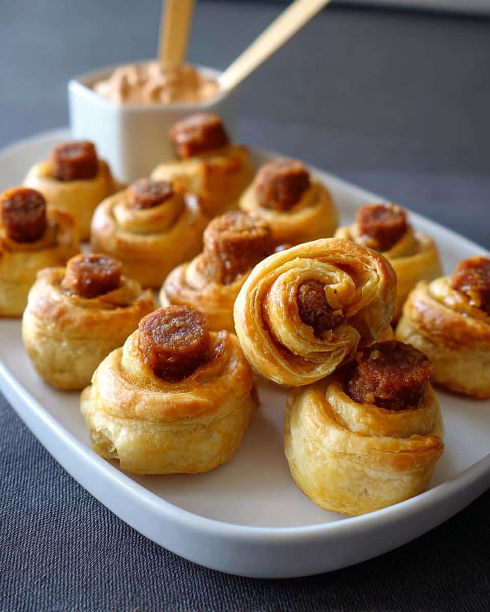 Close-up of golden, flaky pastry rolls topped with sausage pieces, served as New Orleans Style Sausage Bites.