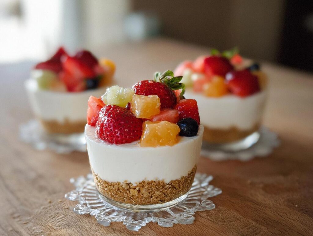 Close-up of a single serving No-Bake Cheesecake Cup topped with fresh strawberries and mixed fruit chunks.