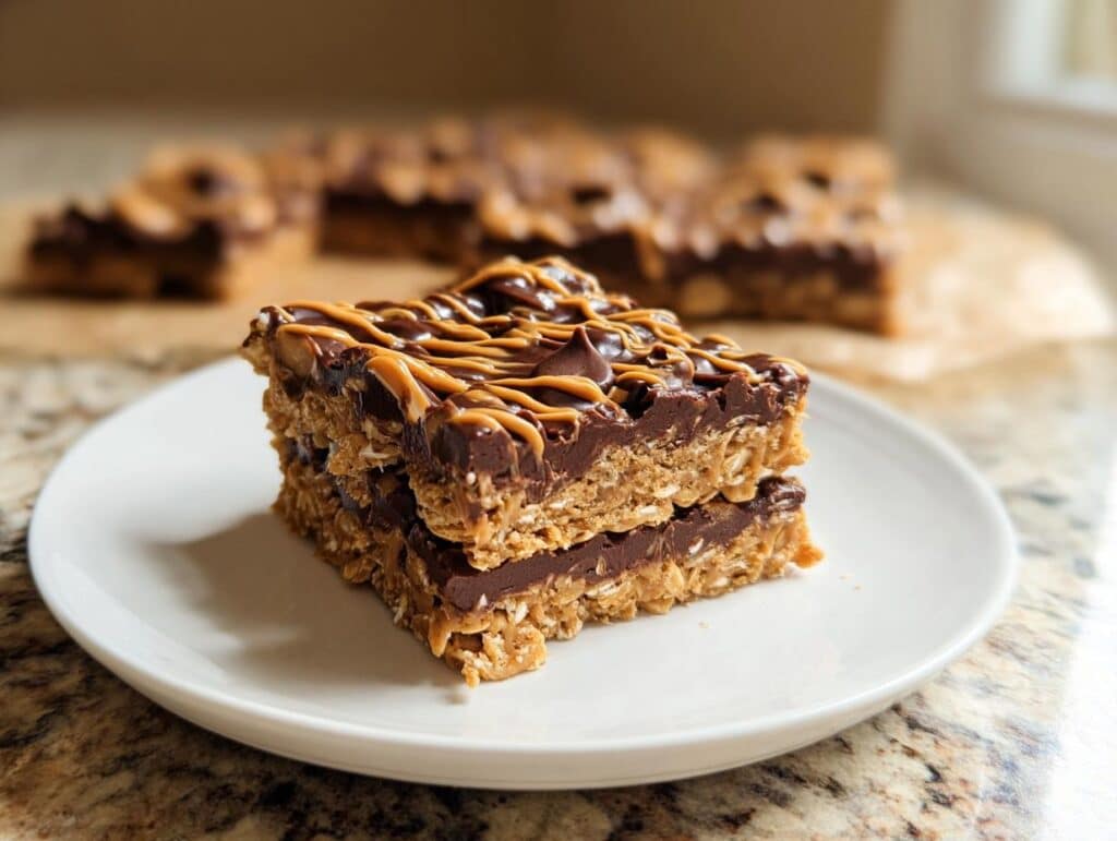 A stack of two No-Bake Chocolate Oat Bars topped with chocolate ganache and a peanut butter drizzle.