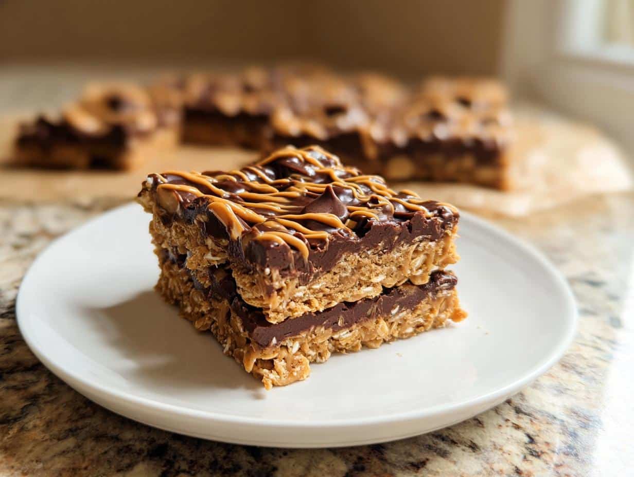 A stack of two No-Bake Chocolate Oat Bars topped with chocolate ganache and a peanut butter drizzle.
