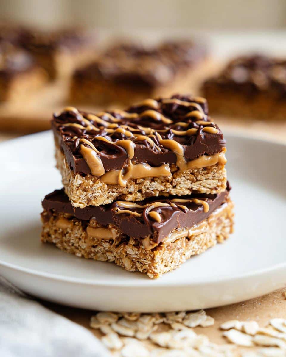 Two stacked No-Bake Chocolate Oat Bars topped with chocolate ganache and a peanut butter drizzle on a white plate.