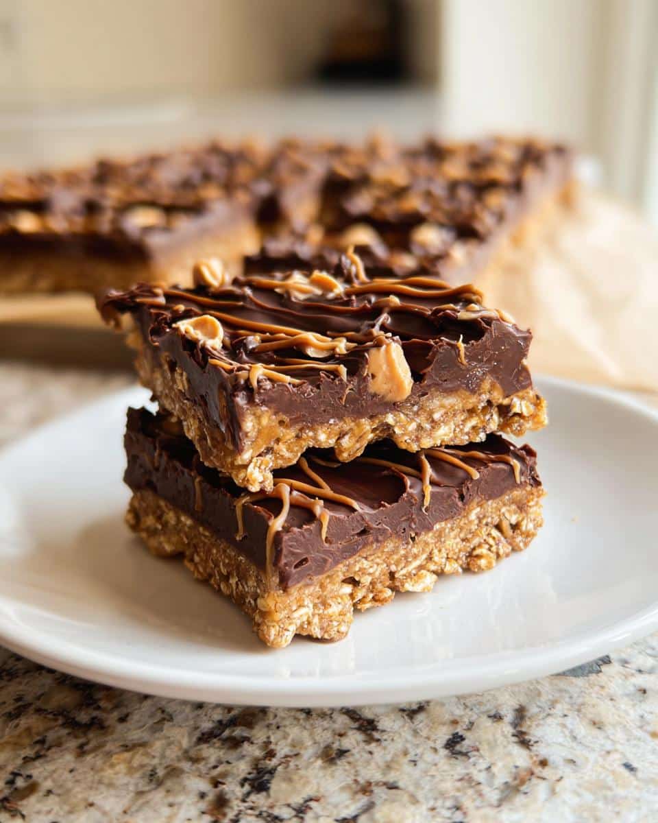 Two stacked No-Bake Chocolate Oat Bars featuring an oat base and rich chocolate topping drizzled with peanut butter.