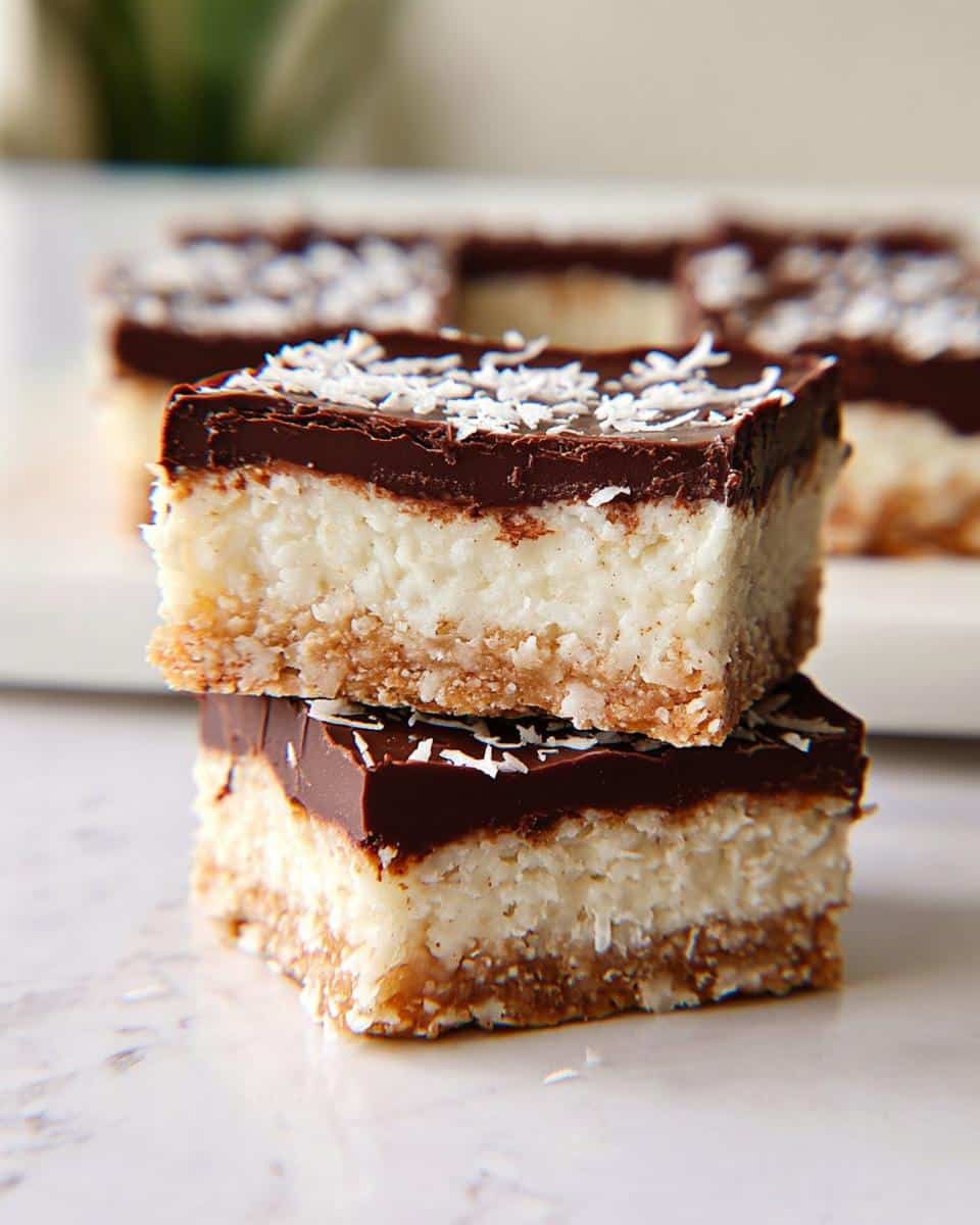 Two stacked squares of No-Bake Coconut Dessert Bars featuring a crust, white coconut layer, and dark chocolate top sprinkled with coconut.