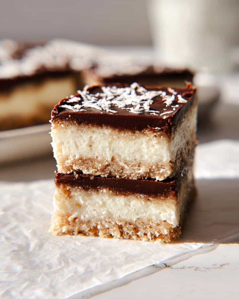 Two stacked squares of No-Bake Coconut Dessert Bars showing the crust, white filling, and chocolate topping.