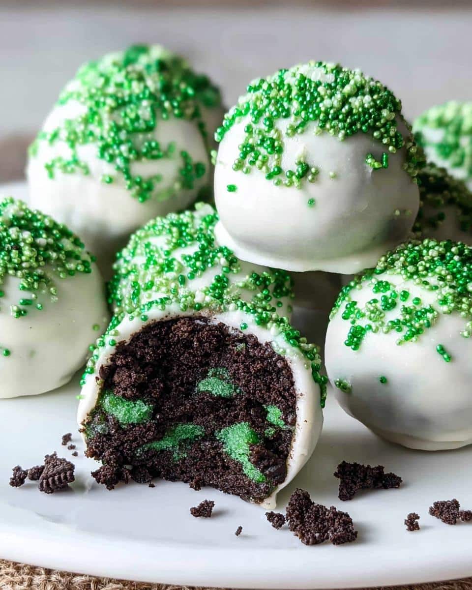 A close-up of No-Bake Mint Oreo Truffles dipped in white chocolate and topped with green sprinkles, one is bitten into showing the dark chocolate and green mint filling.