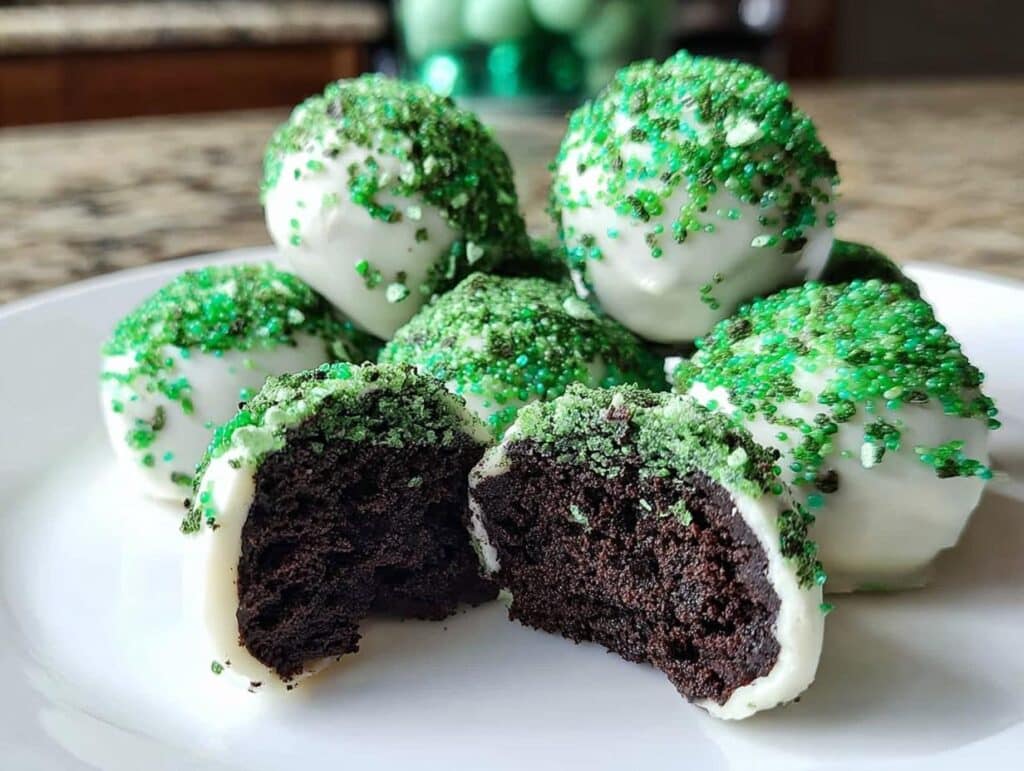 A close-up of No-Bake Mint Oreo Truffles dipped in white chocolate and covered in green sprinkles, one is cut open.
