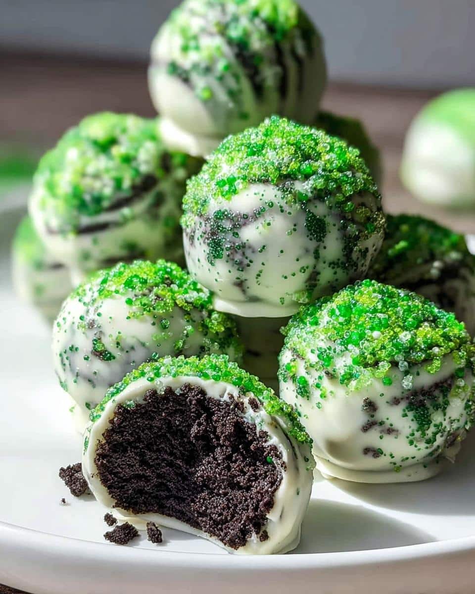Close-up of No-Bake Mint Oreo Truffles coated in white chocolate and bright green sprinkles, one is cut open.