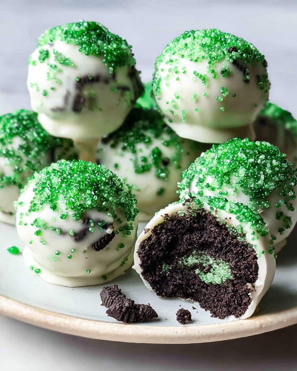 A plate of No-Bake Mint Oreo Truffles dipped in white chocolate and topped with green sprinkles, one is cut open showing the dark interior.