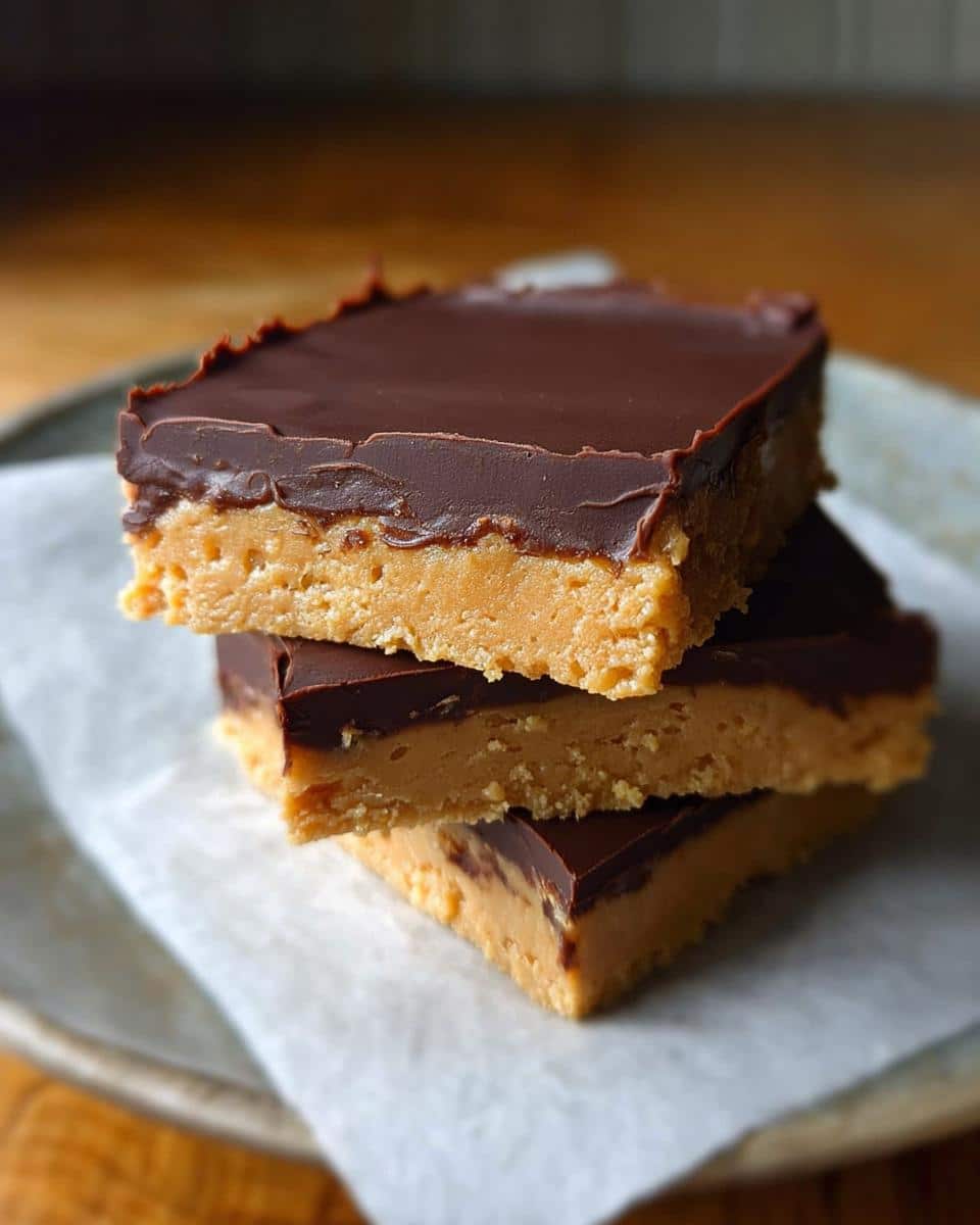A vertical stack of three rich No-Bake Peanut Butter Chocolate Squares with a thick chocolate topping.