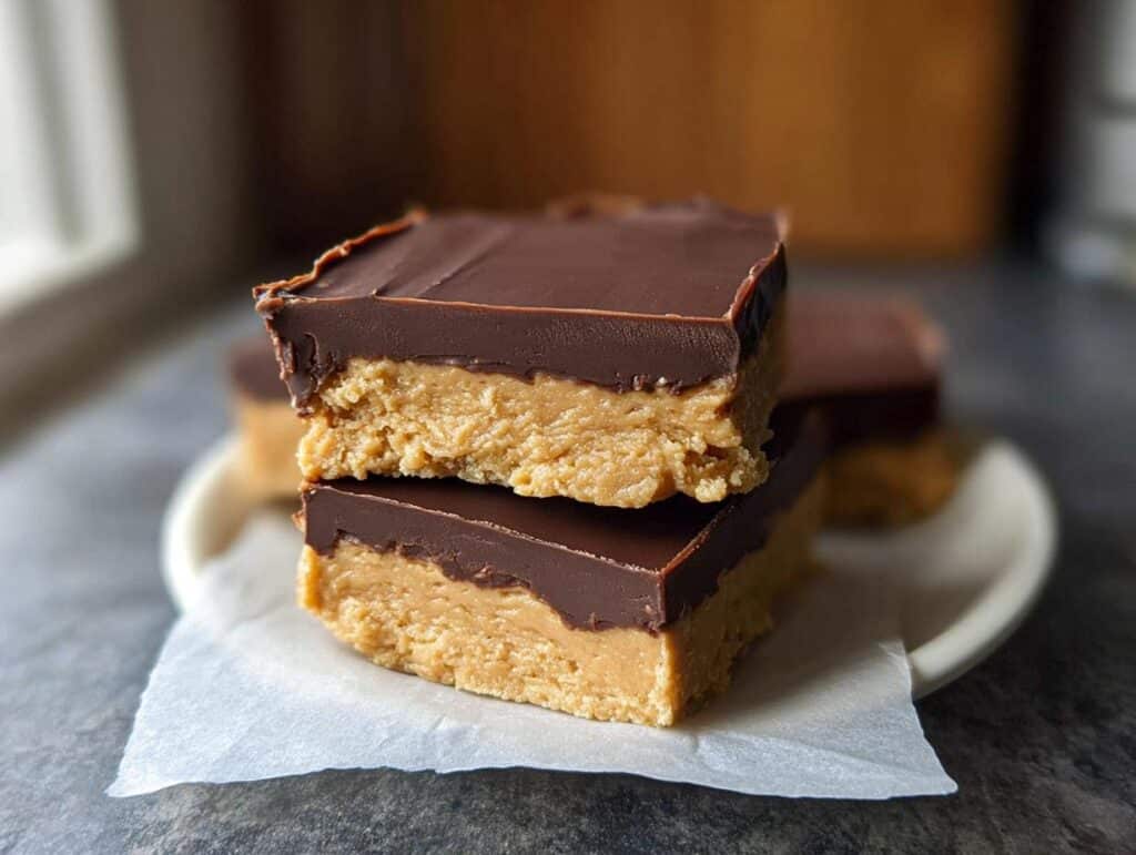 Two stacked No-Bake Peanut Butter Chocolate Squares showing thick peanut butter filling and chocolate topping.