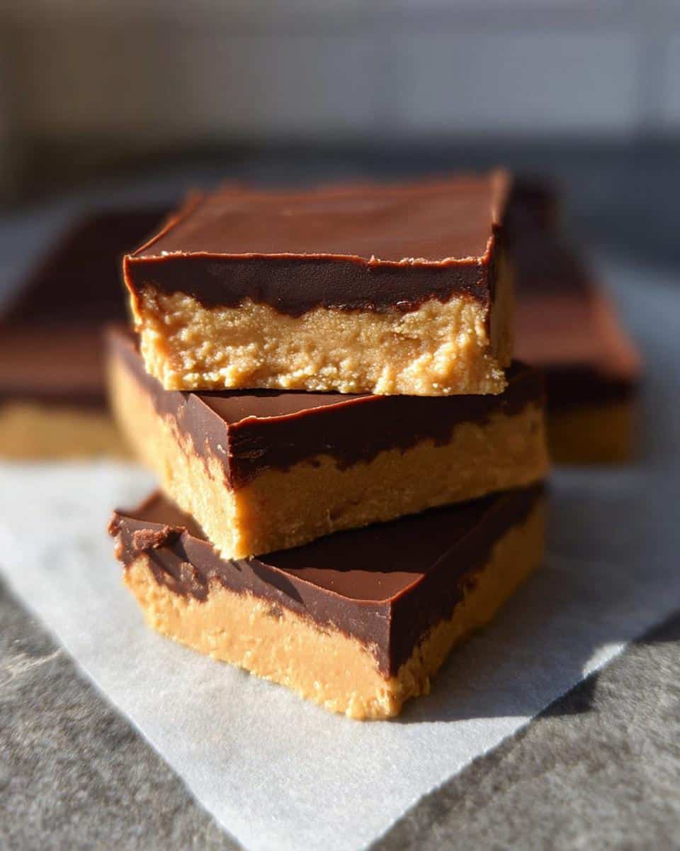 Three stacked squares of No-Bake Peanut Butter Chocolate Squares showing a thick peanut butter layer topped with smooth chocolate.