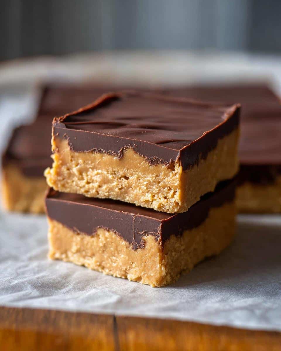 Two stacked squares of No-Bake Peanut Butter Chocolate Squares showing a thick peanut butter base and a smooth chocolate topping.