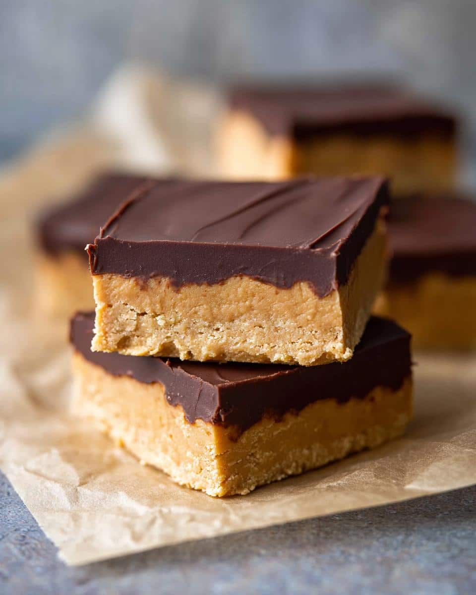Two stacked No-Bake Peanut Butter Chocolate Squares with a thick peanut butter layer and chocolate topping.