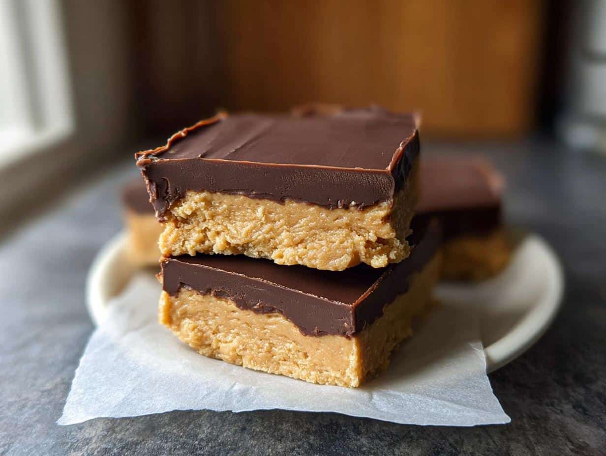Two stacked No-Bake Peanut Butter Chocolate Squares showing thick peanut butter filling and chocolate topping.