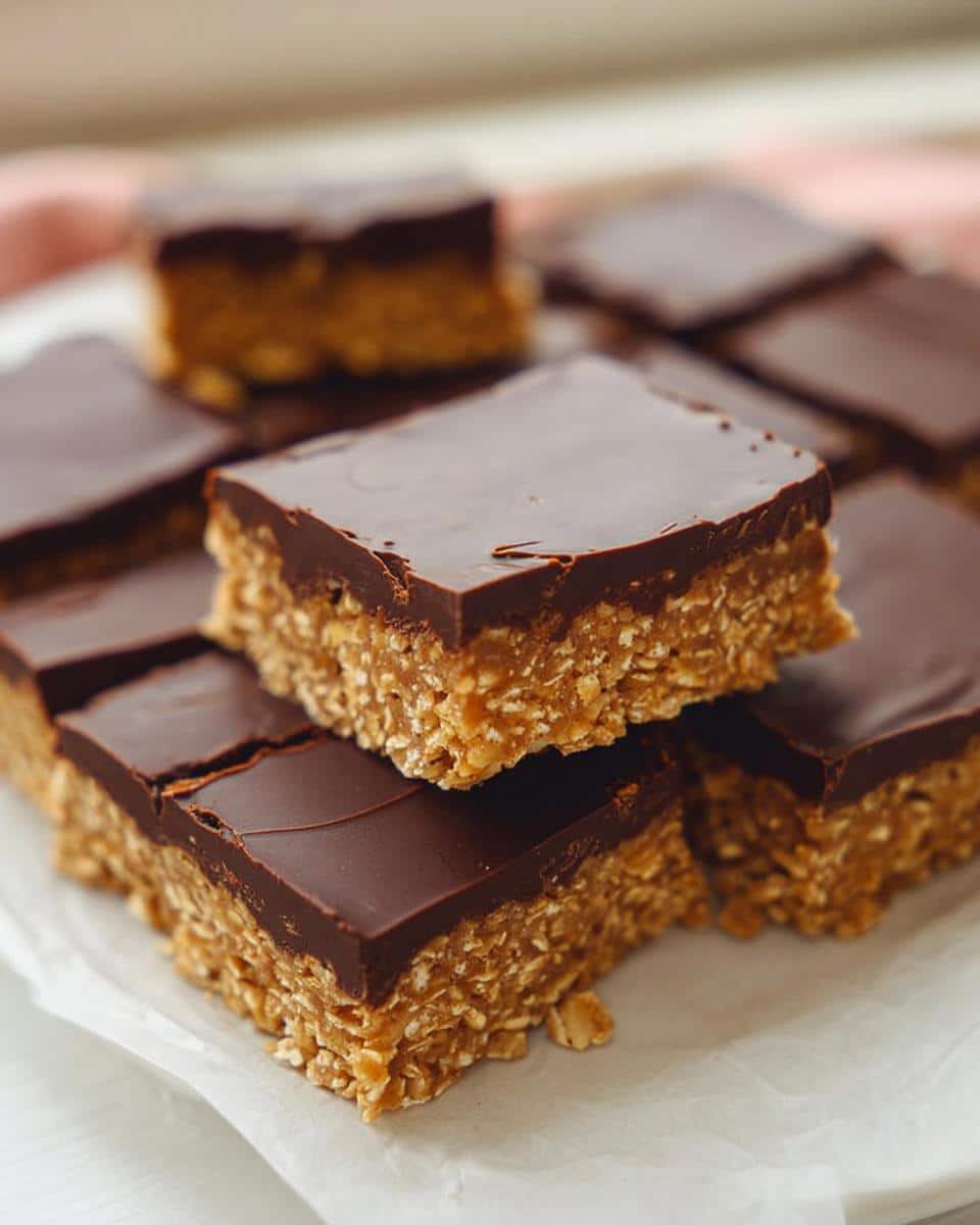 Stack of square No-Bake Peanut Butter Oat Bars topped with a thick layer of glossy chocolate ganache.
