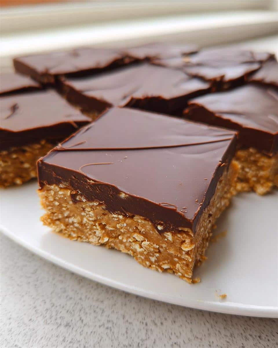 A square piece of No-Bake Peanut Butter Oat Bars with a thick chocolate topping, served on a white plate.