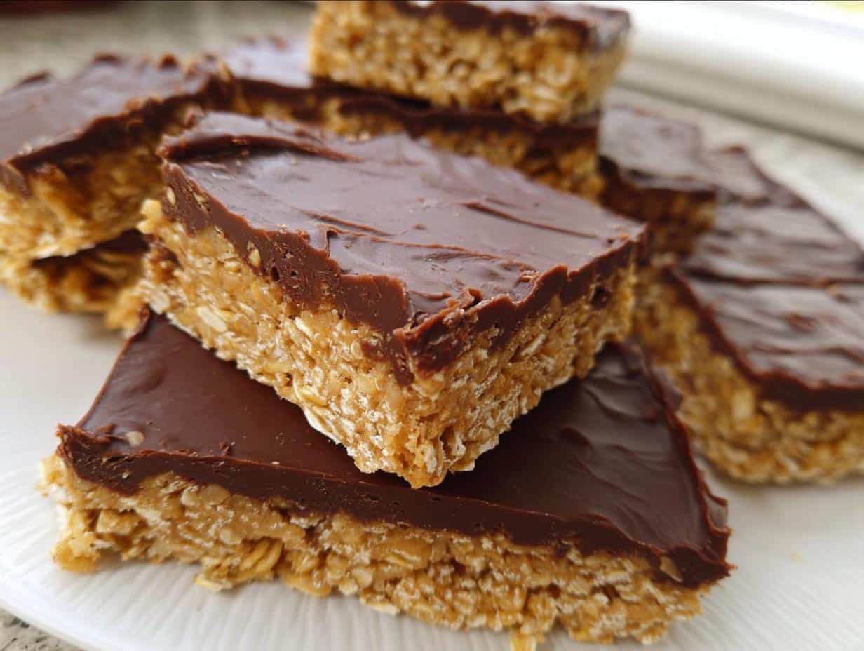 Close-up stack of rich No-Bake Peanut Butter Oat Bars topped with a thick layer of melted chocolate frosting.