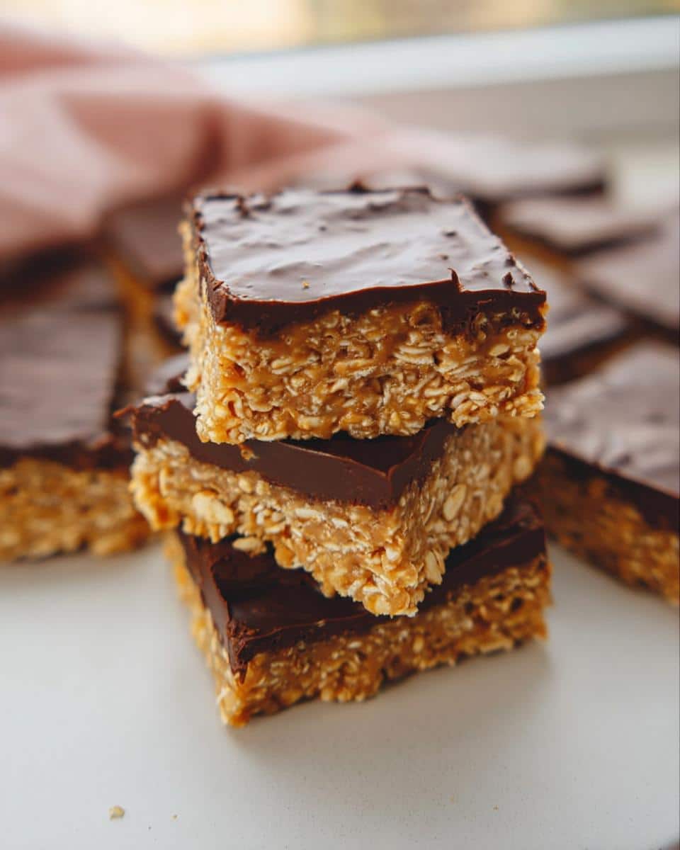 A stack of three No-Bake Peanut Butter Oat Bars topped with a thick layer of melted chocolate.