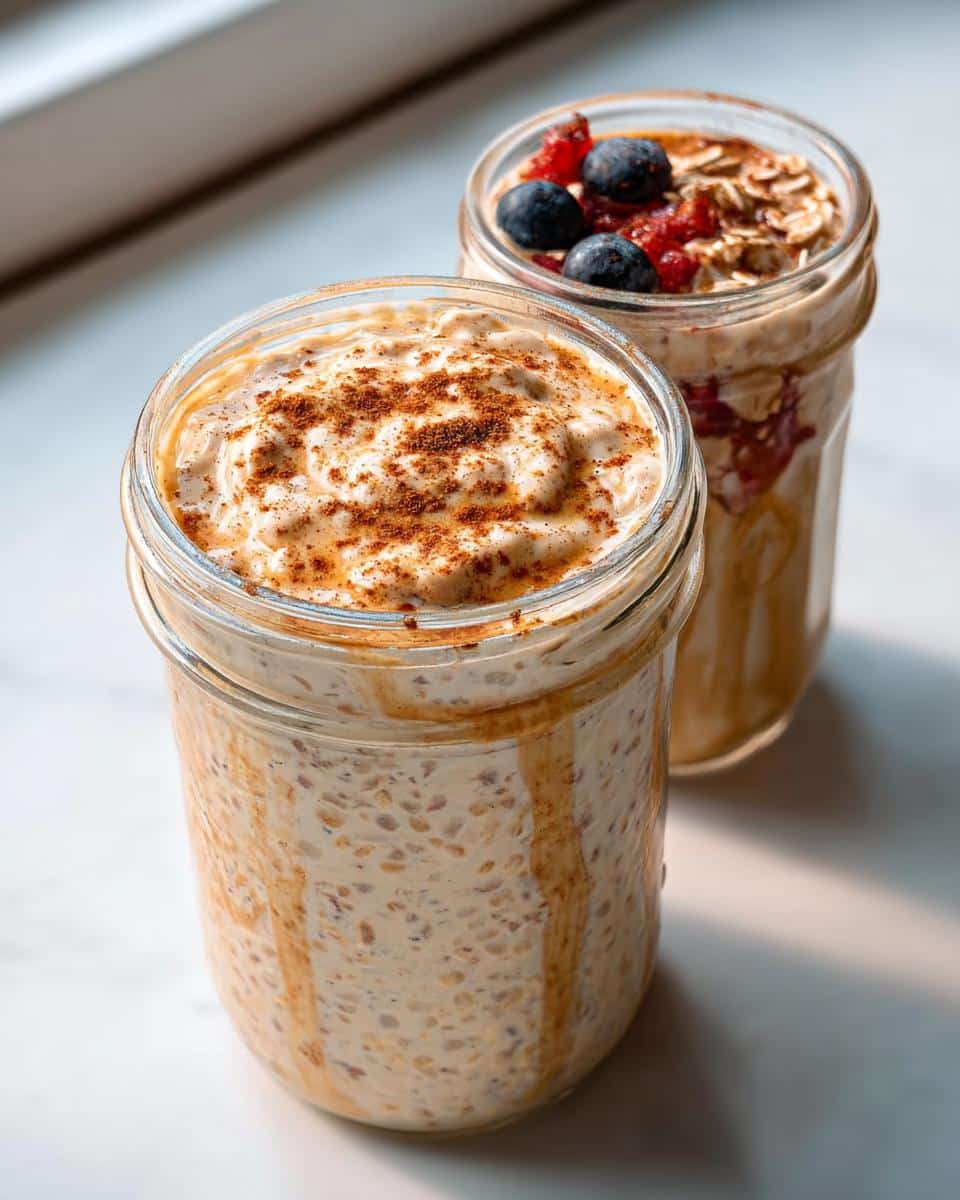 Two jars of No-Fruit Creamy Overnight Oats, one topped with cinnamon, the other with oats and blueberries.