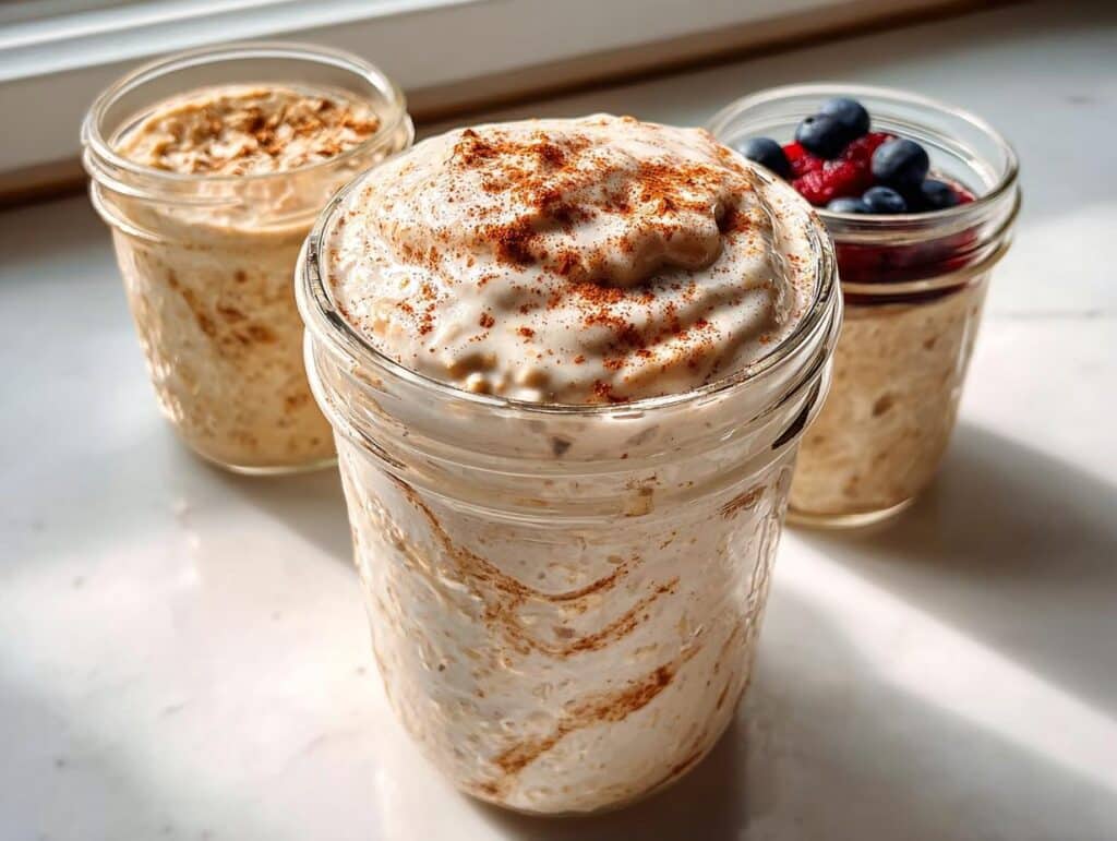 Three jars of No-Fruit Creamy Overnight Oats, one topped with cinnamon, sitting in sunlight.