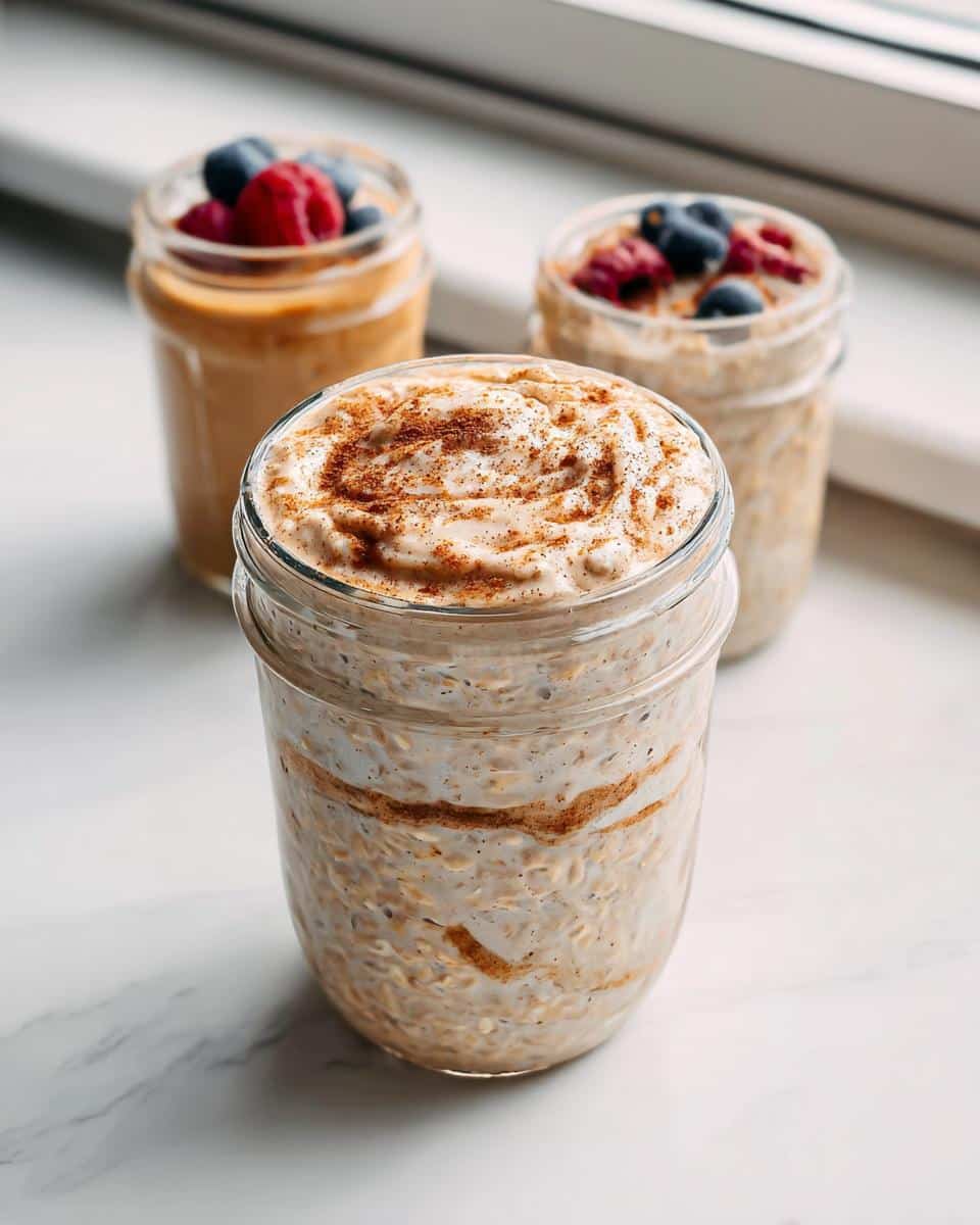 Three jars of No-Fruit Creamy Overnight Oats, one topped with cinnamon swirls, two with berries.