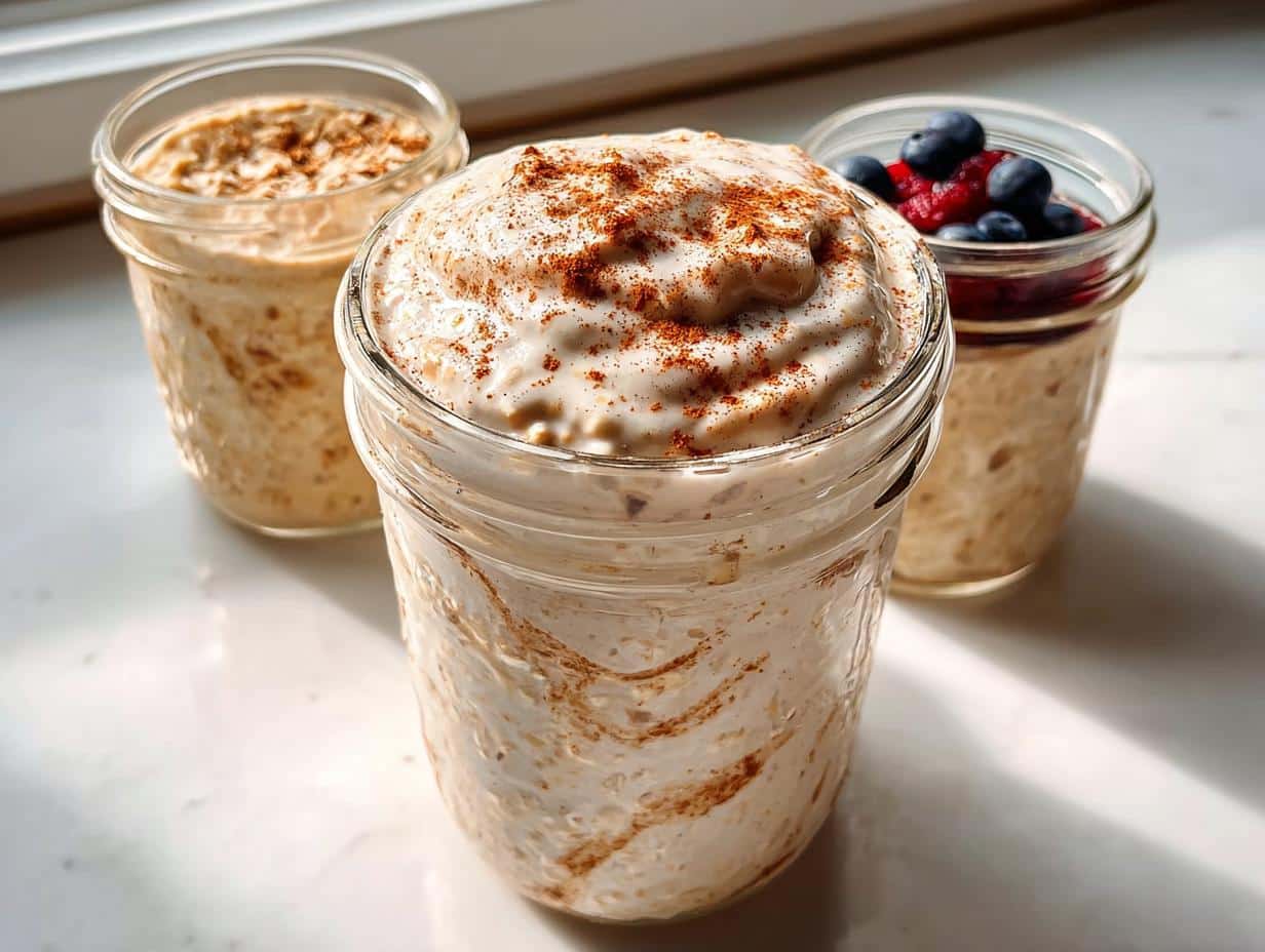 Three jars of No-Fruit Creamy Overnight Oats, one topped with cinnamon, sitting in sunlight.