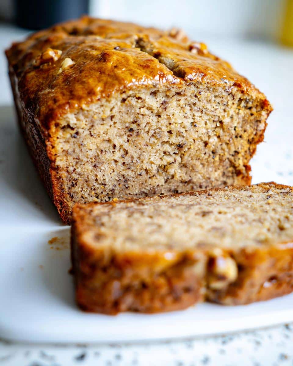 A close-up of a freshly baked No Sugar Added Banana Bread loaf, with one thick slice cut and resting in front.