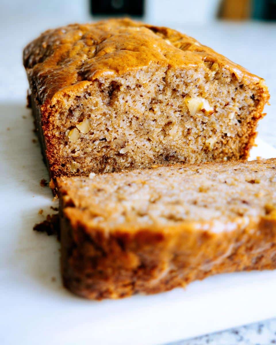 Close-up of a loaf of No Sugar Added Banana Bread, showing a moist crumb texture and visible nuts.