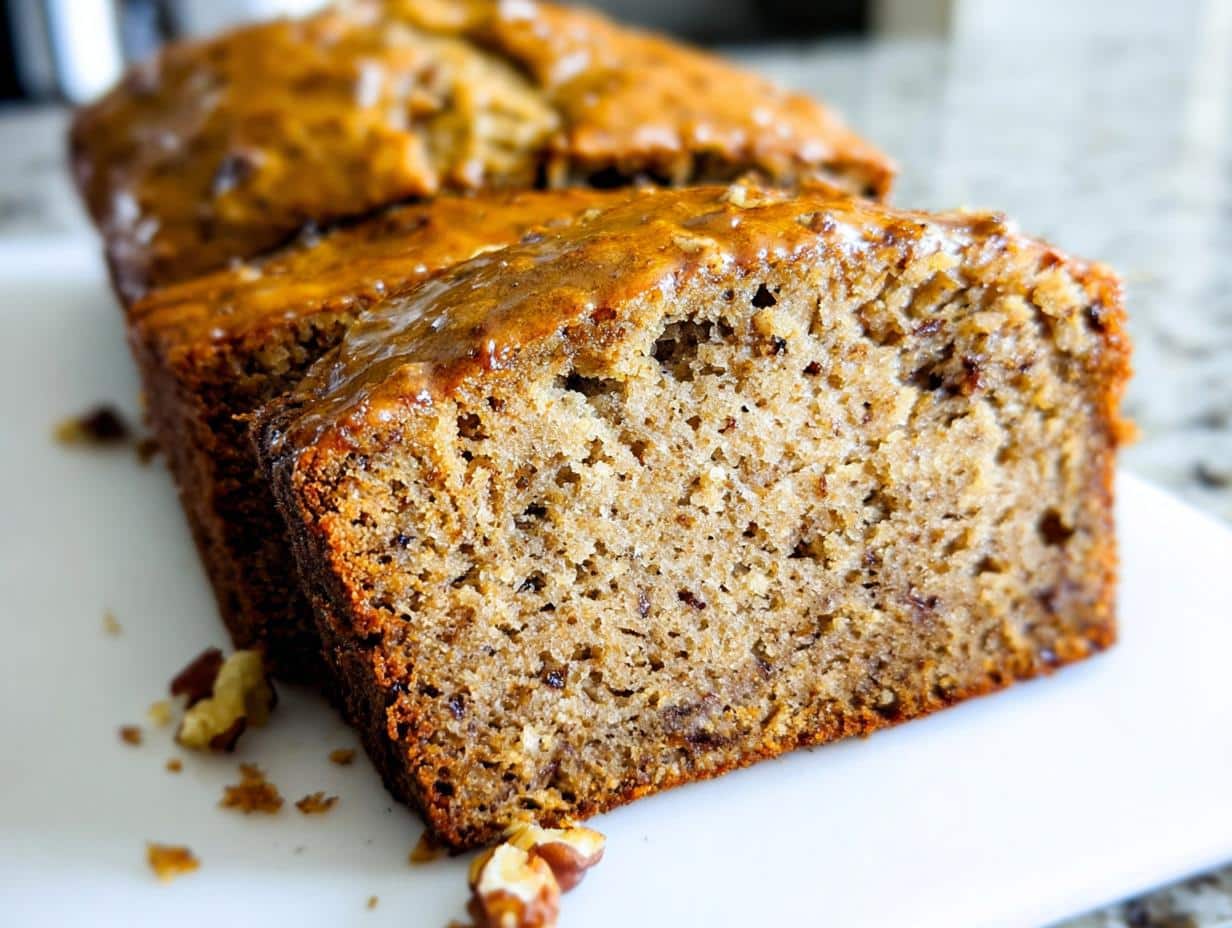 Close-up of a moist slice of No Sugar Added Banana Bread, showing the crumb texture and a shiny glaze on top.